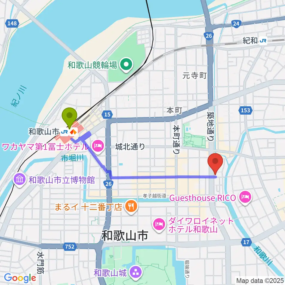 和歌山市駅からMusic Land TAKE OFFへのルートマップ地図
