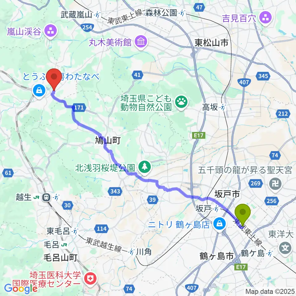 若葉駅からサウンド風雅 埼玉店へのルートマップ地図