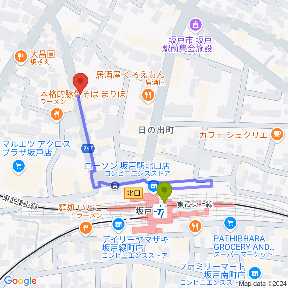 サウンド風雅 埼玉坂戸店の最寄駅坂戸駅からの徒歩ルート（約4分）地図