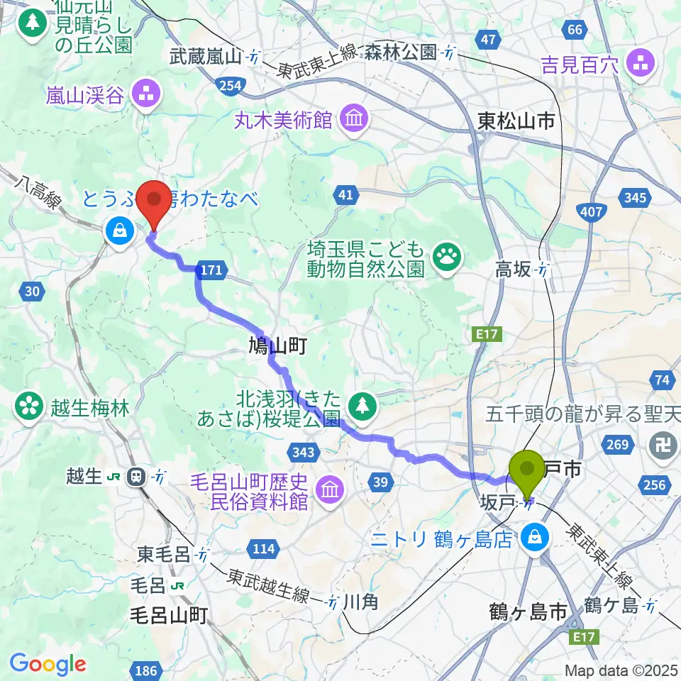 坂戸駅からサウンド風雅 埼玉店へのルートマップ地図