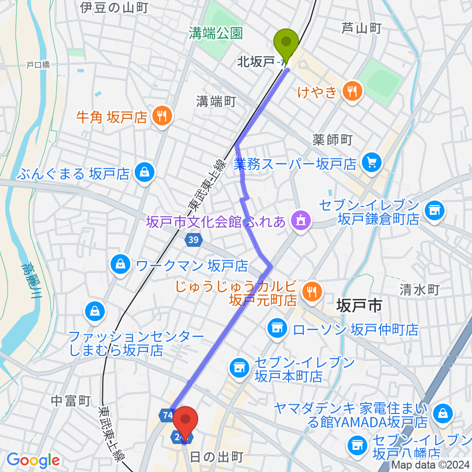 北坂戸駅からサウンド風雅 埼玉坂戸店へのルートマップ地図