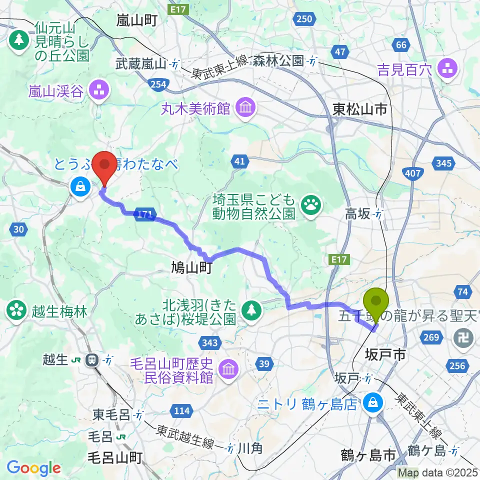 北坂戸駅からサウンド風雅 埼玉店へのルートマップ地図