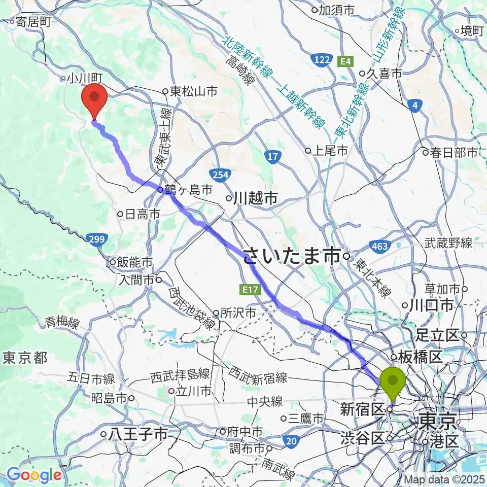 東新宿駅からサウンド風雅 埼玉店へのルートマップ地図