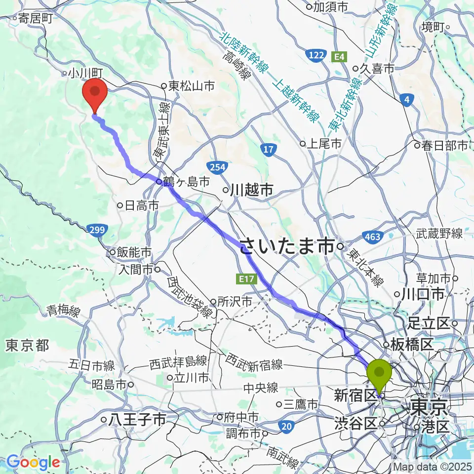 新宿西口駅からサウンド風雅 埼玉店へのルートマップ地図