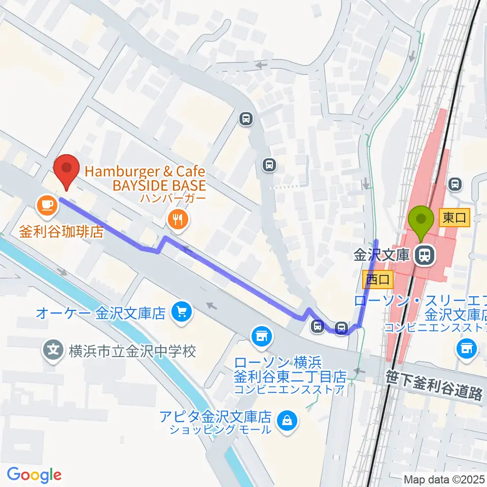 フレンド楽器の最寄駅金沢文庫駅からの徒歩ルート（約6分）地図