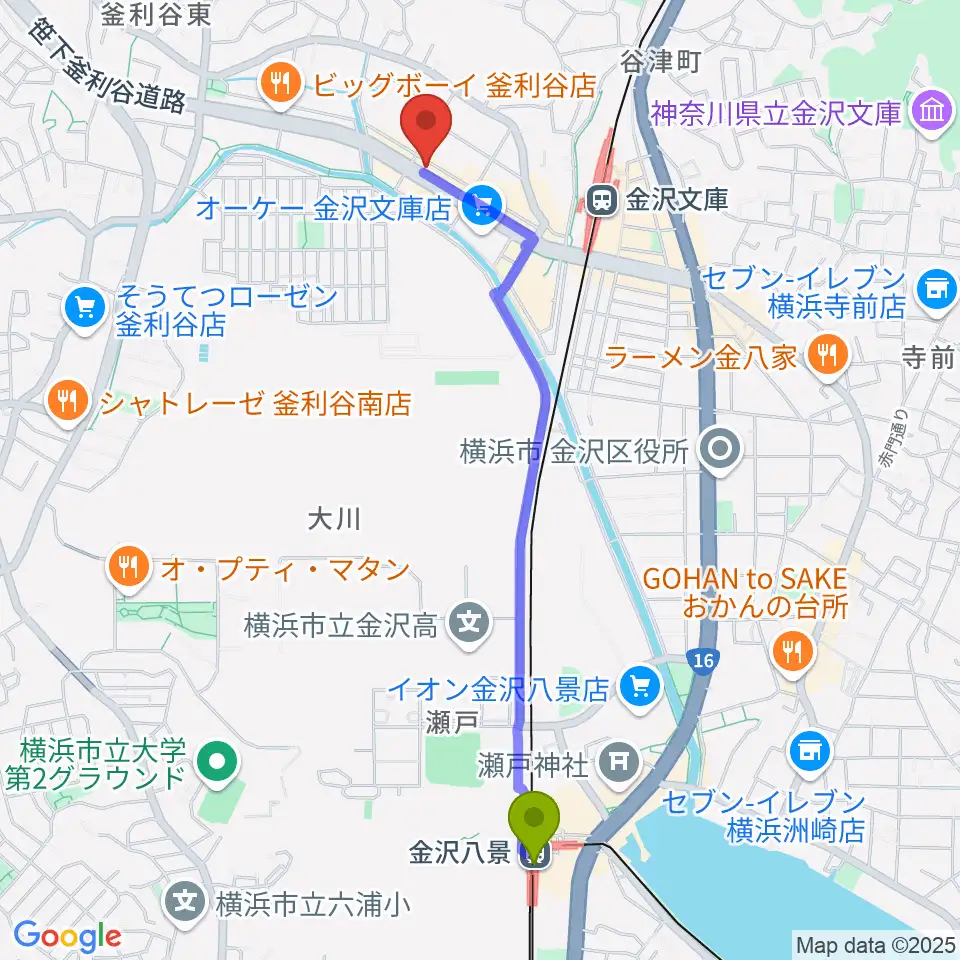 金沢八景駅からフレンド楽器へのルートマップ地図