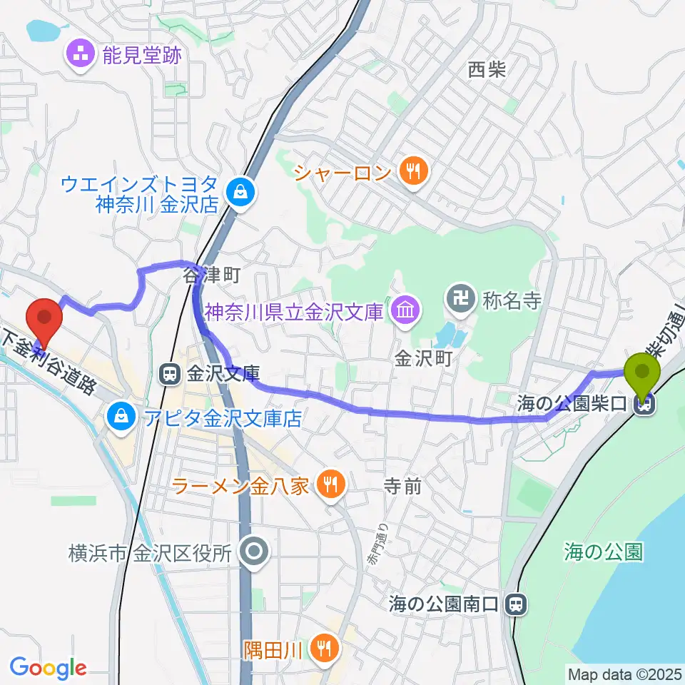 海の公園柴口駅からフレンド楽器へのルートマップ地図