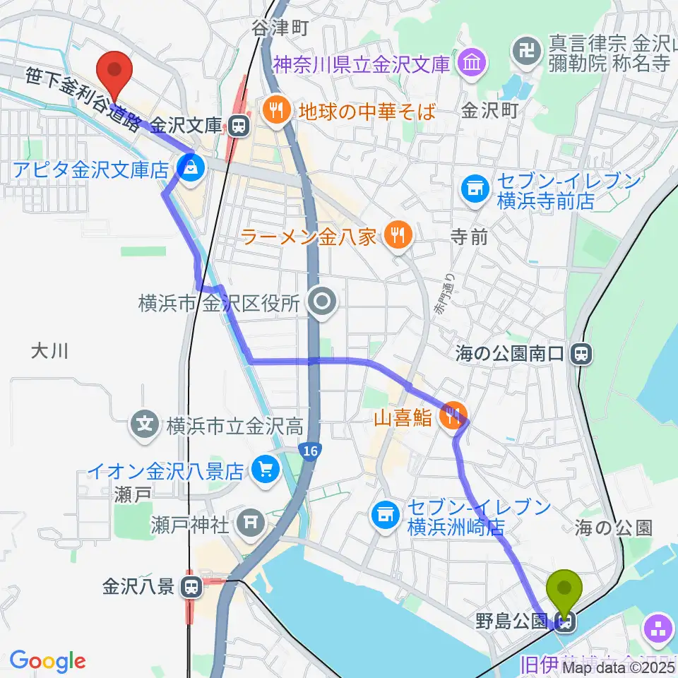 野島公園駅からフレンド楽器へのルートマップ地図