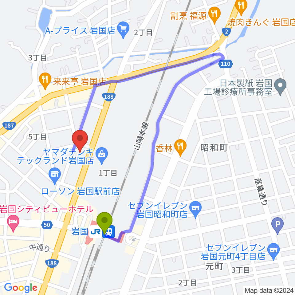 ふちだ楽器店 岩国店の最寄駅岩国駅からの徒歩ルート（約5分）地図