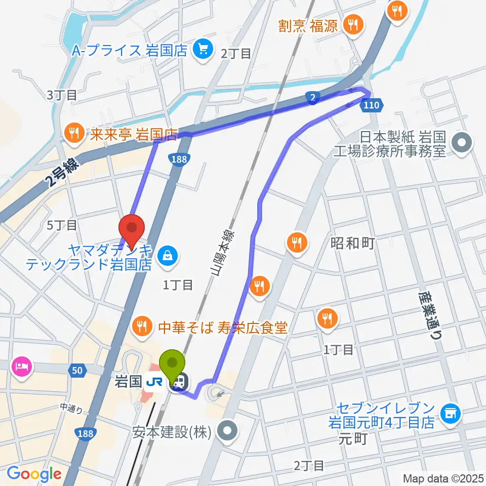 ふちだ楽器店 岩国店の最寄駅岩国駅からの徒歩ルート（約5分）地図