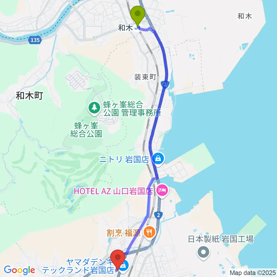 和木駅からふちだ楽器店 岩国店へのルートマップ地図