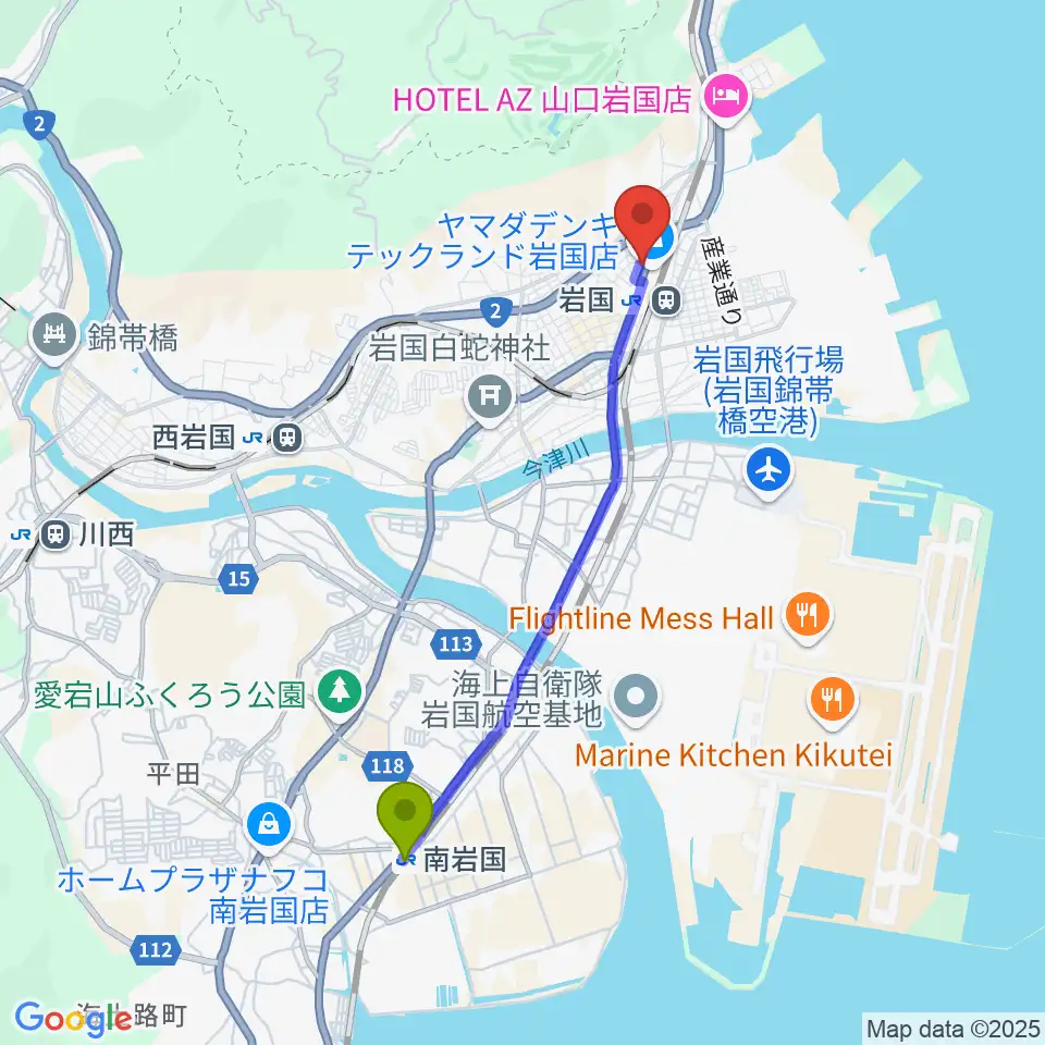 南岩国駅からふちだ楽器店 岩国店へのルートマップ地図