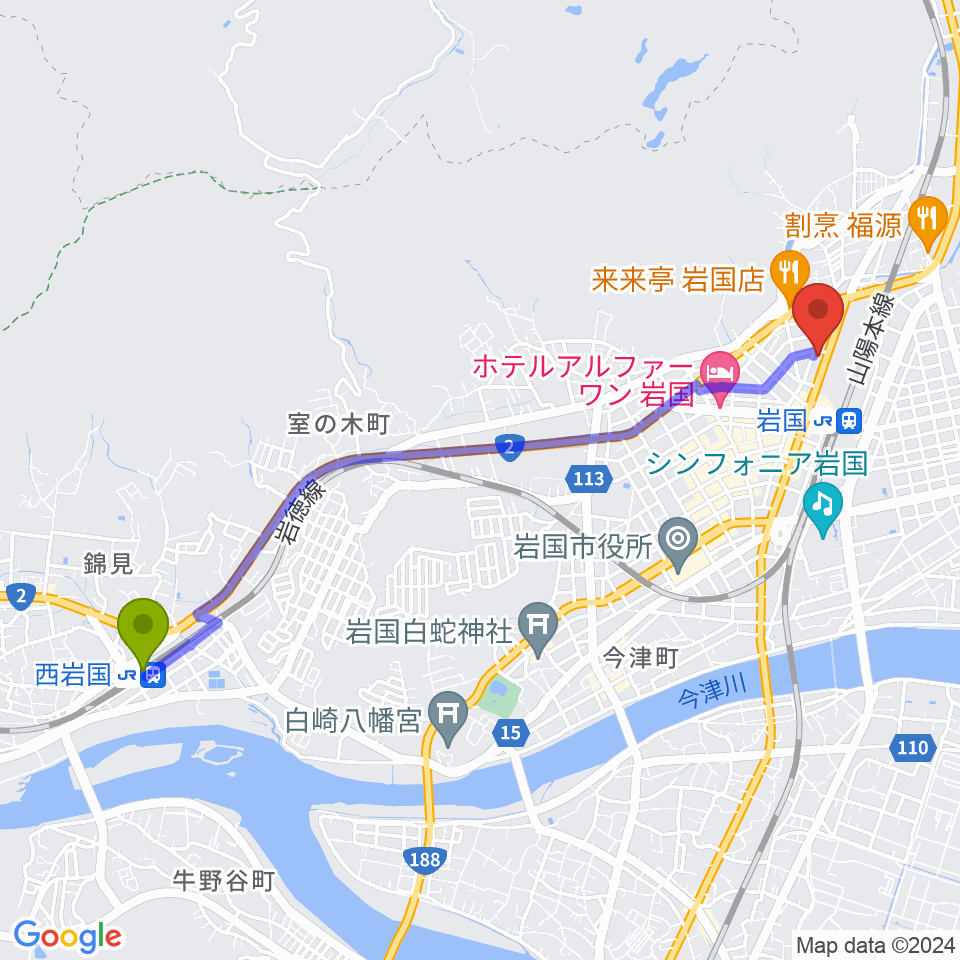 西岩国駅からふちだ楽器店 岩国店へのルートマップ地図