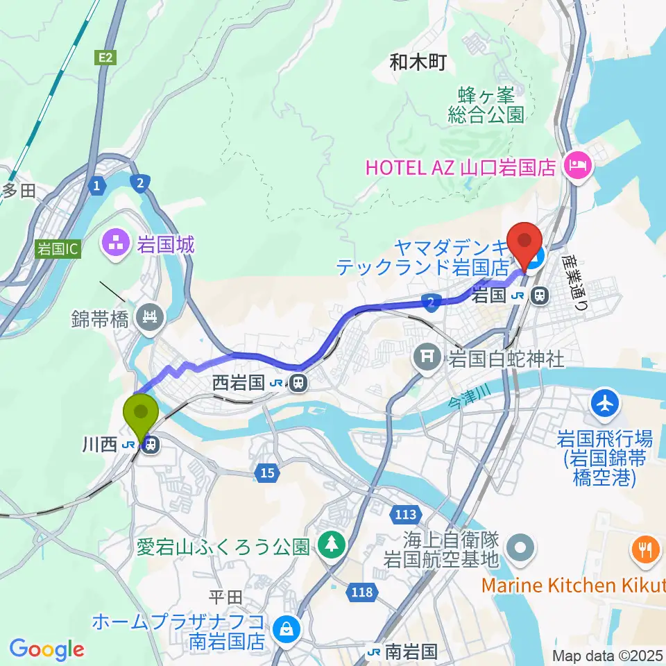 川西駅からふちだ楽器店 岩国店へのルートマップ地図