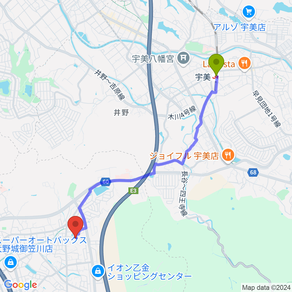 宇美駅から㈱フカノ楽器店 中古ピアノショールームへのルートマップ地図