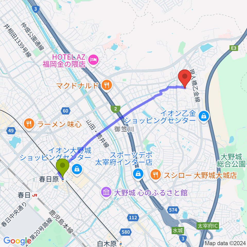 ㈱フカノ楽器店 中古ピアノショールームの最寄駅春日原駅からの徒歩ルート（約39分）地図