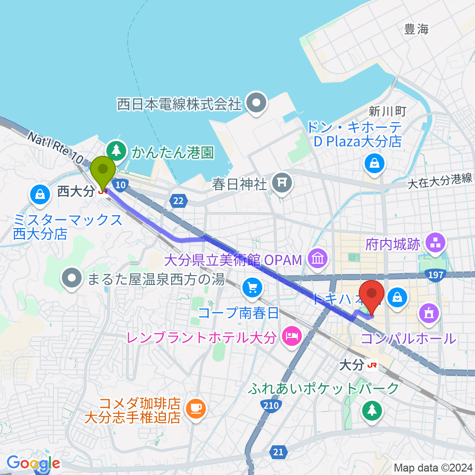 西大分駅から楽器屋のSAKAIへのルートマップ地図