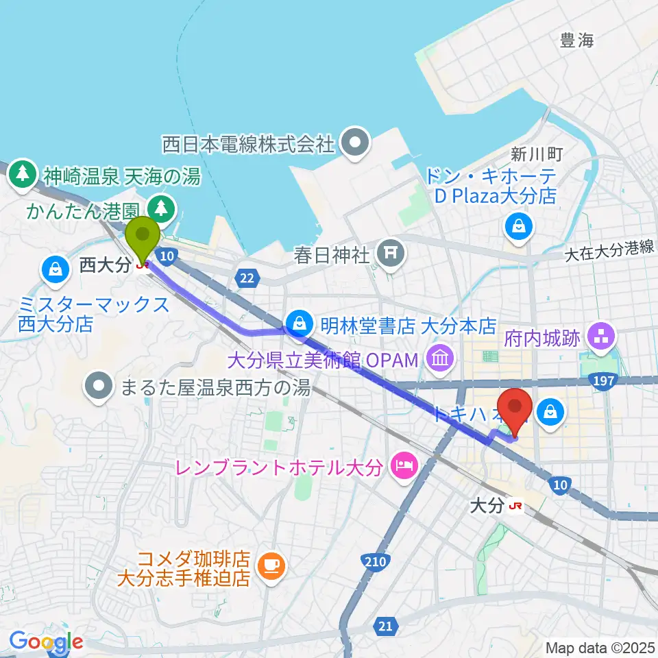 西大分駅から楽器屋のSAKAIへのルートマップ地図