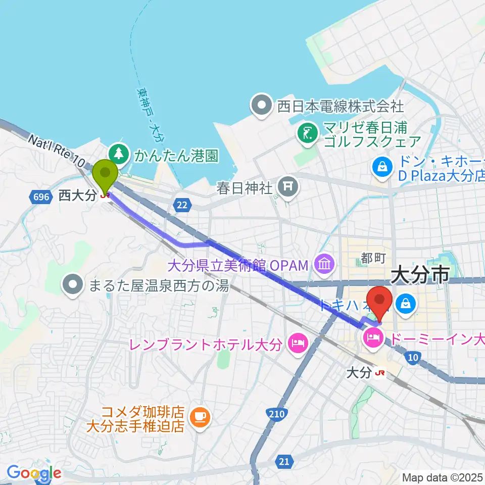 西大分駅から楽器屋のSAKAIへのルートマップ地図