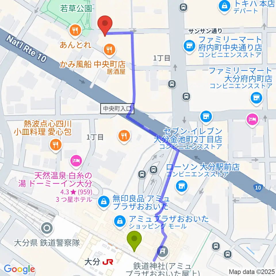 楽器屋のSAKAIの最寄駅大分駅からの徒歩ルート（約6分）地図