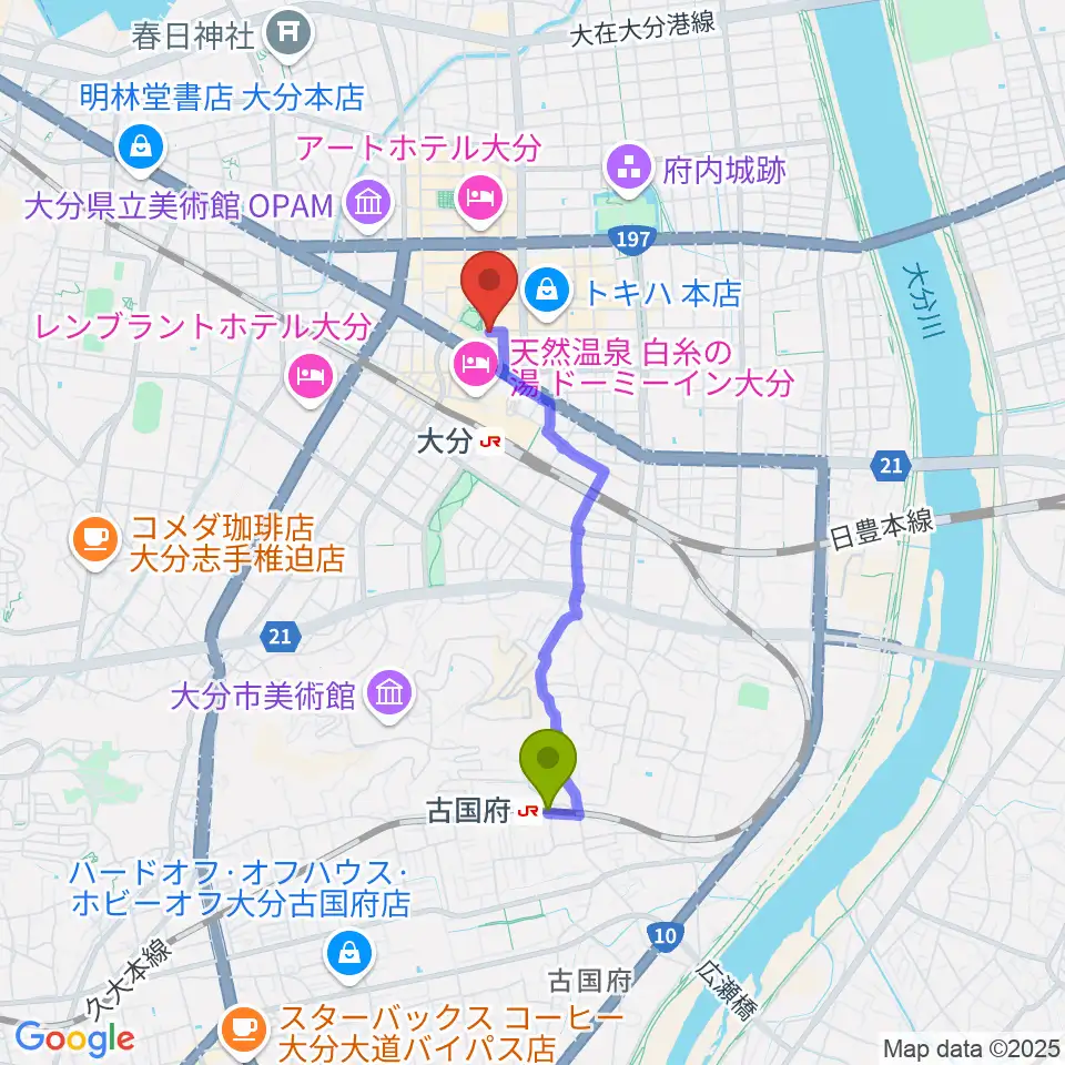 古国府駅から楽器屋のSAKAIへのルートマップ地図