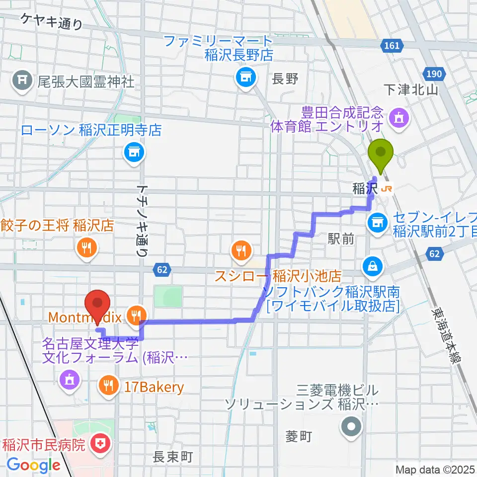 稲沢駅から星川楽器へのルートマップ地図