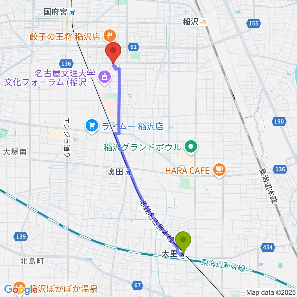 大里駅から星川楽器へのルートマップ地図