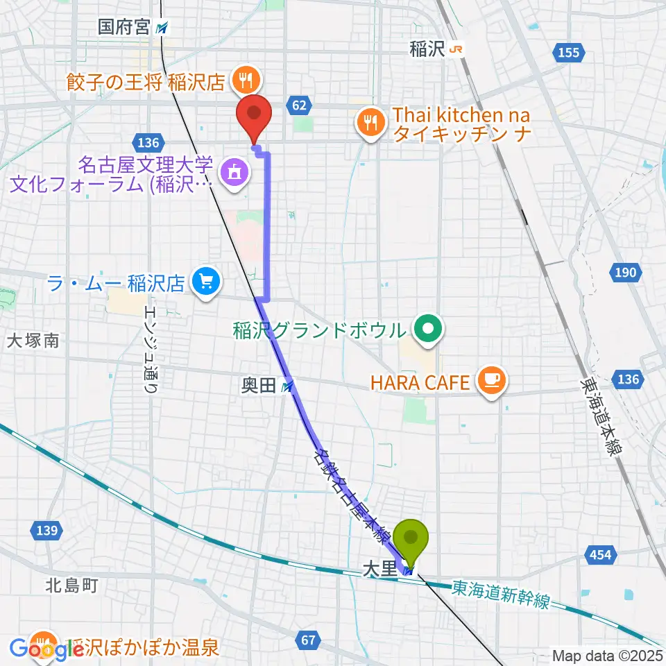 大里駅から星川楽器へのルートマップ地図