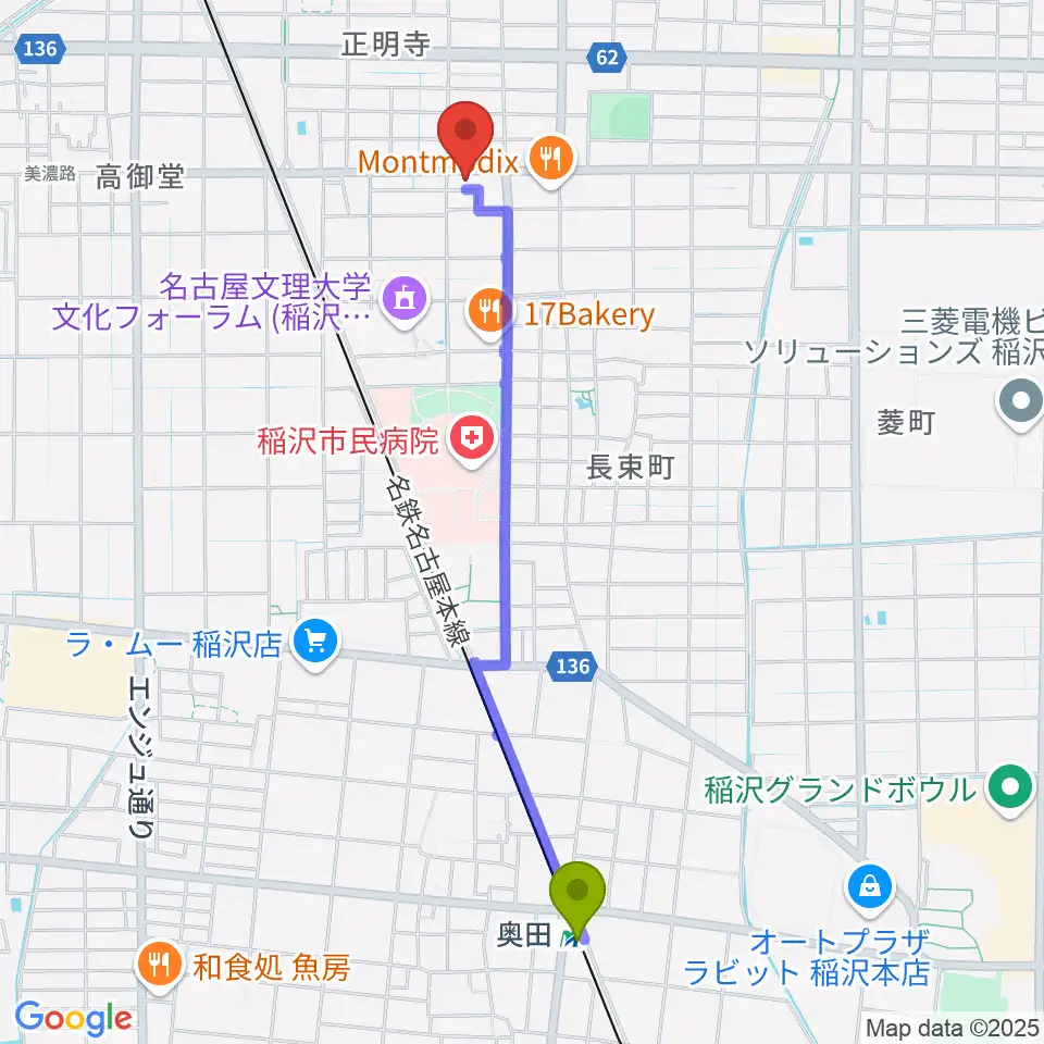 奥田駅から星川楽器へのルートマップ地図