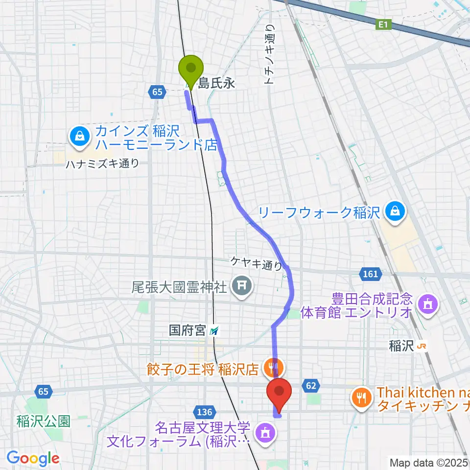 島氏永駅から星川楽器へのルートマップ地図