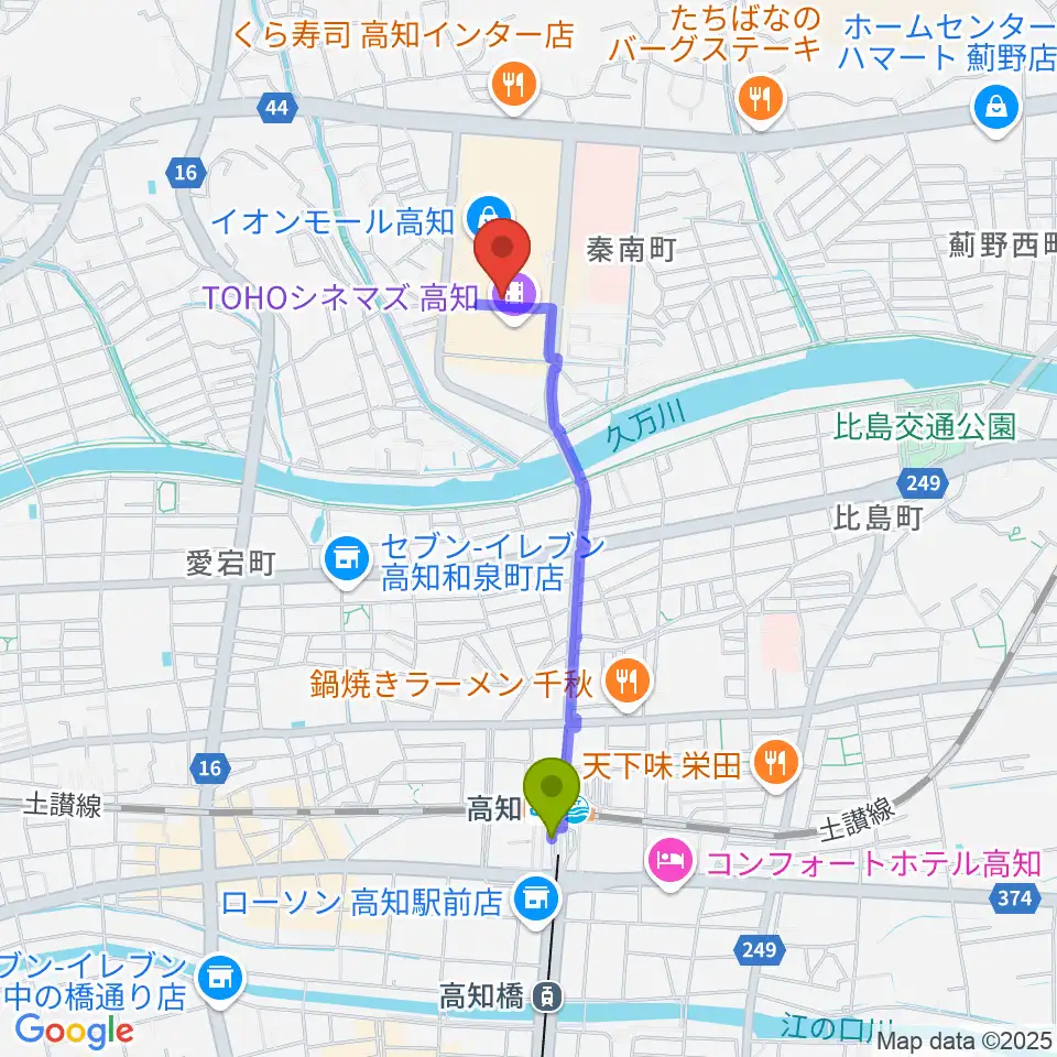 楽器堂OPUS イオンモール高知店の最寄駅高知駅からの徒歩ルート（約16分）地図