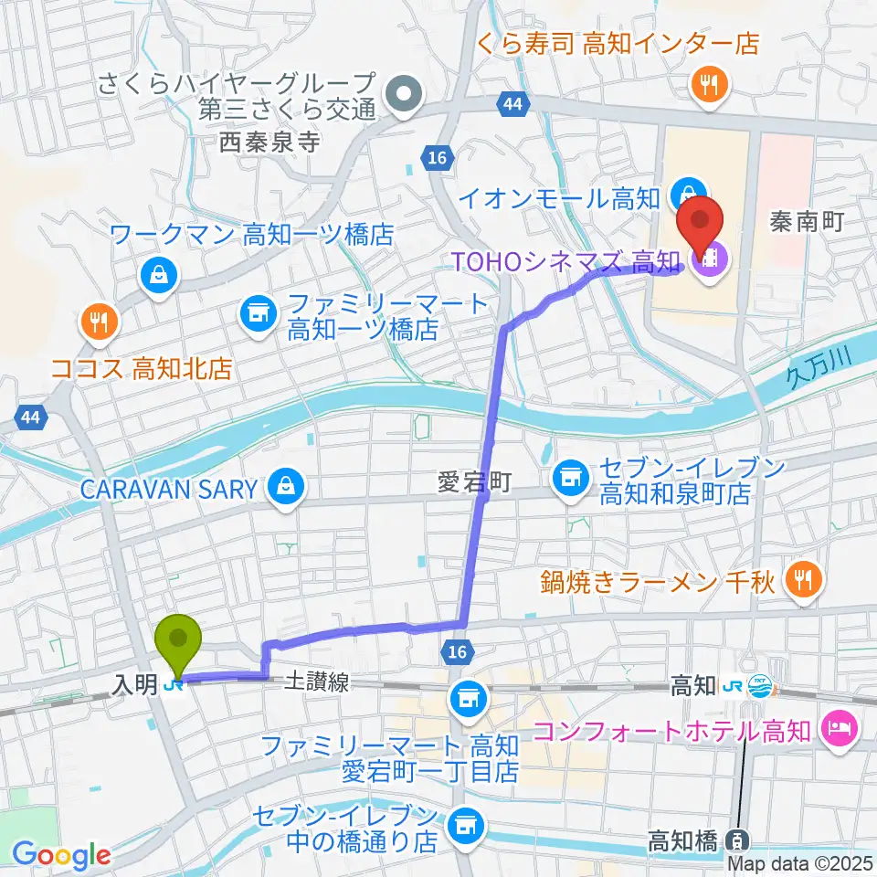 入明駅から楽器堂OPUS イオンモール高知店へのルートマップ地図