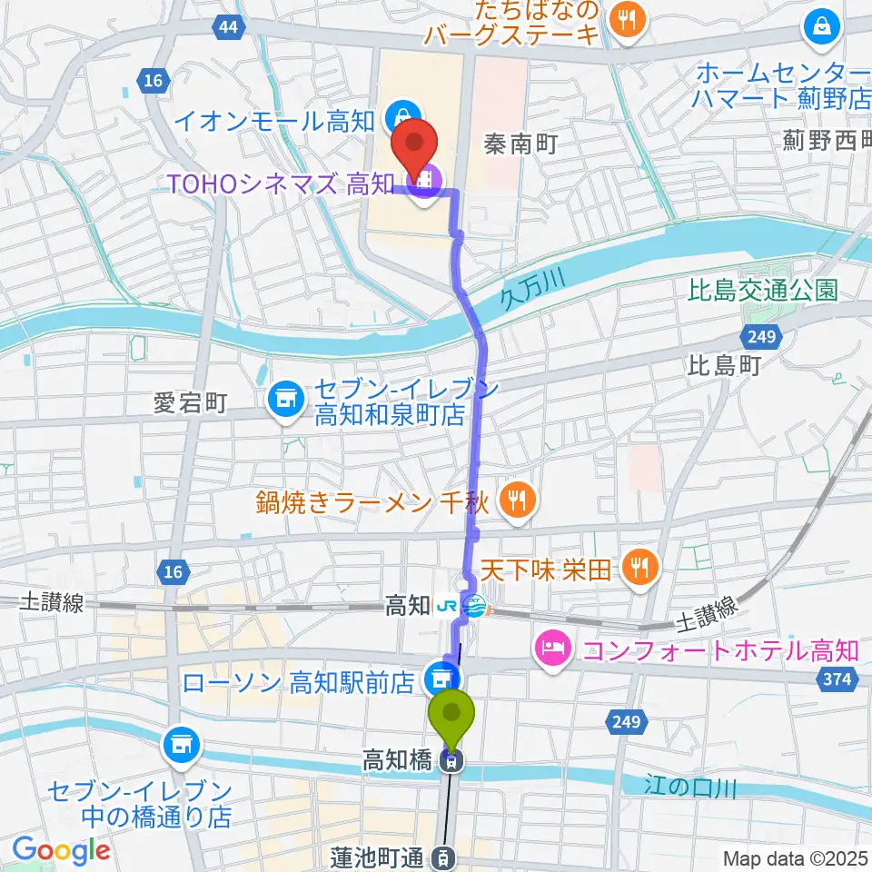 高知橋駅から楽器堂OPUS イオンモール高知店へのルートマップ地図