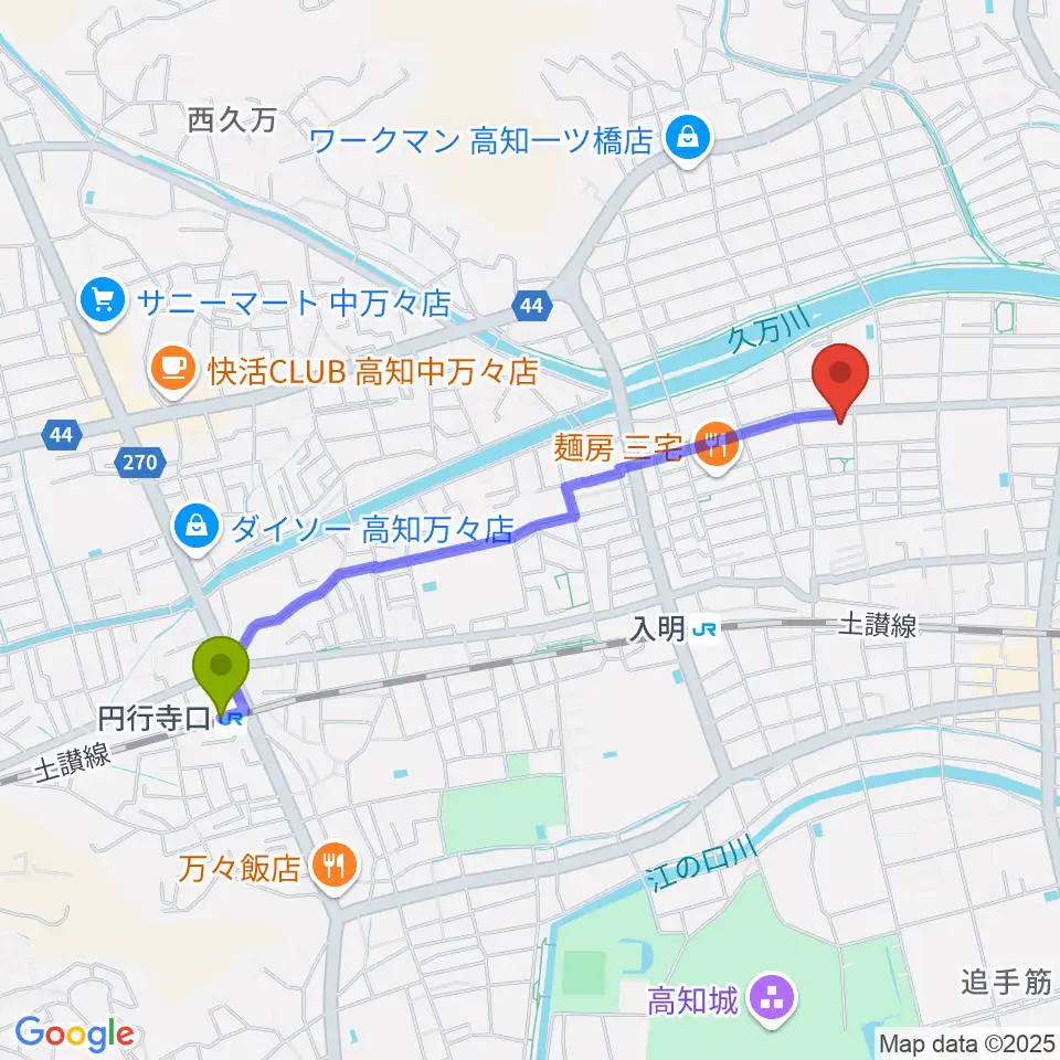 円行寺口駅から楽器堂OPUS本店へのルートマップ地図
