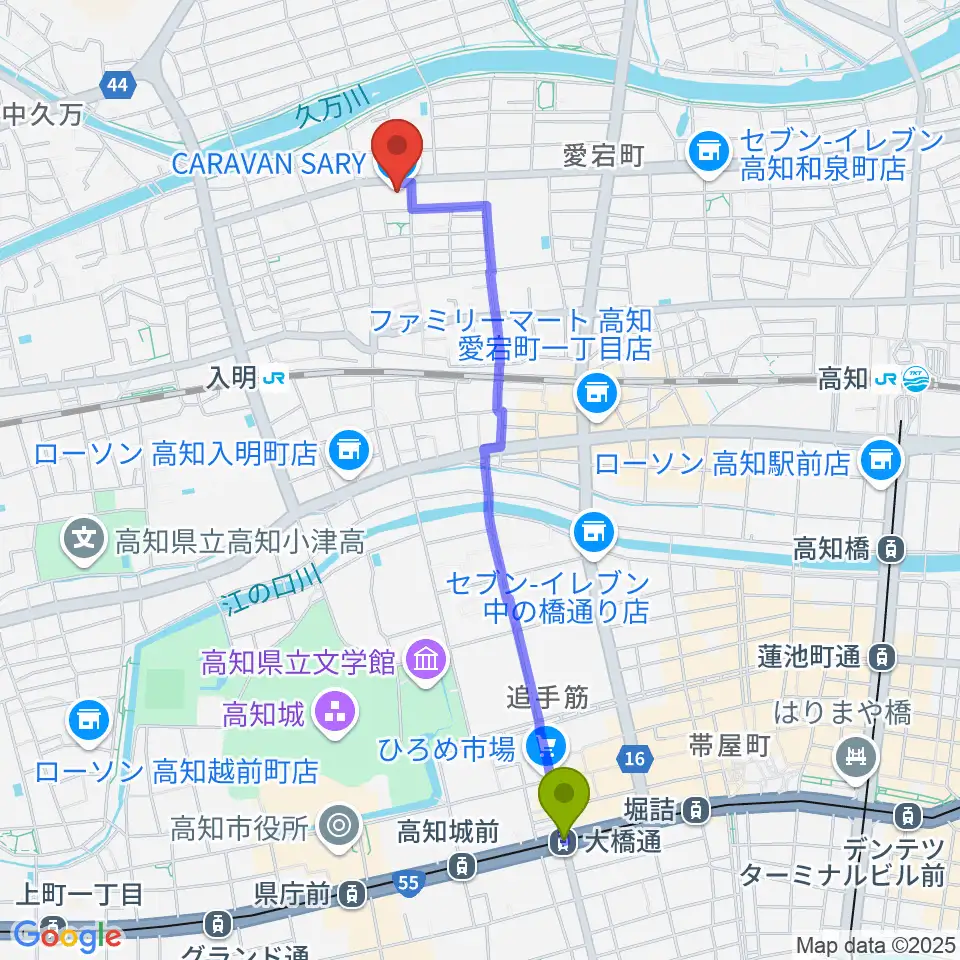 大橋通駅から楽器堂OPUS本店へのルートマップ地図