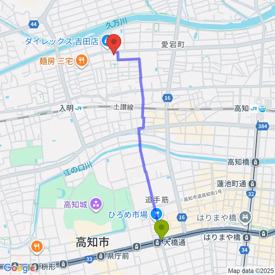 大橋通駅から楽器堂OPUS本店へのルートマップ地図