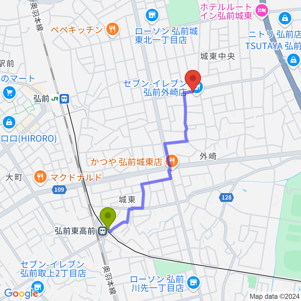 弘前東高前駅から楽器のメリーゴーランドへのルートマップ地図