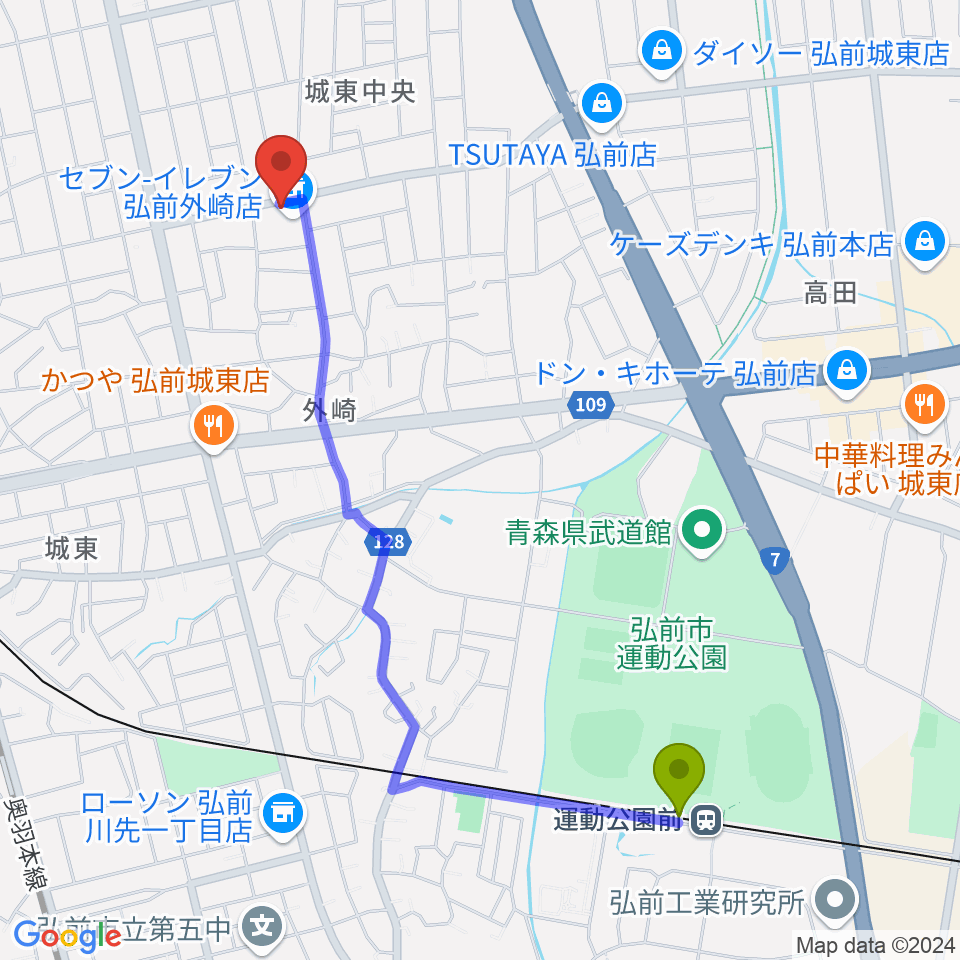 運動公園前駅から楽器のメリーゴーランドへのルートマップ地図