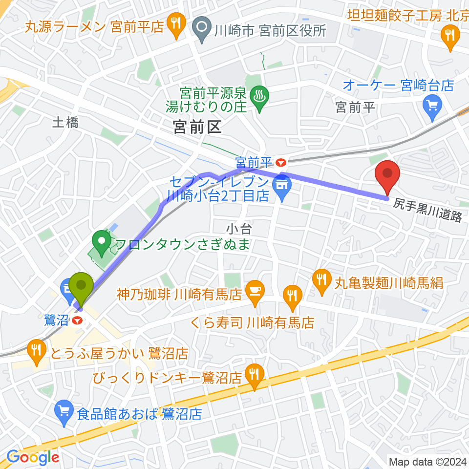 鷺沼駅からギターシェルターへのルートマップ地図