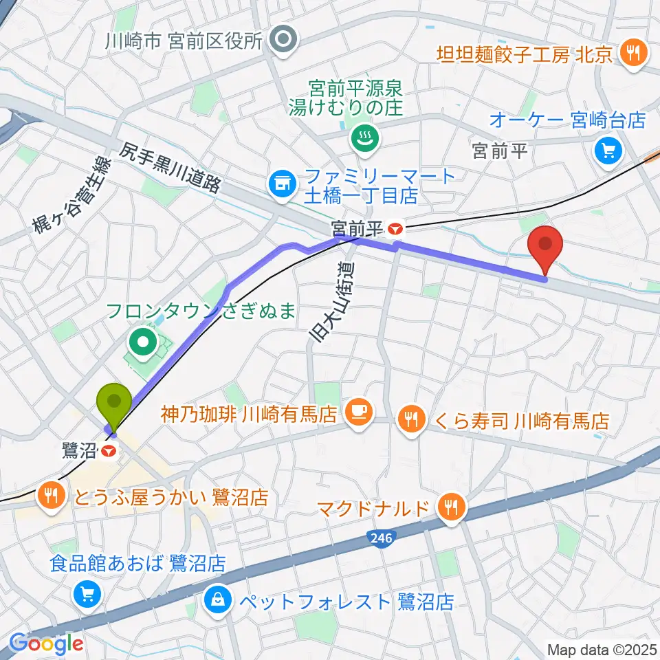 鷺沼駅からギターシェルターへのルートマップ地図