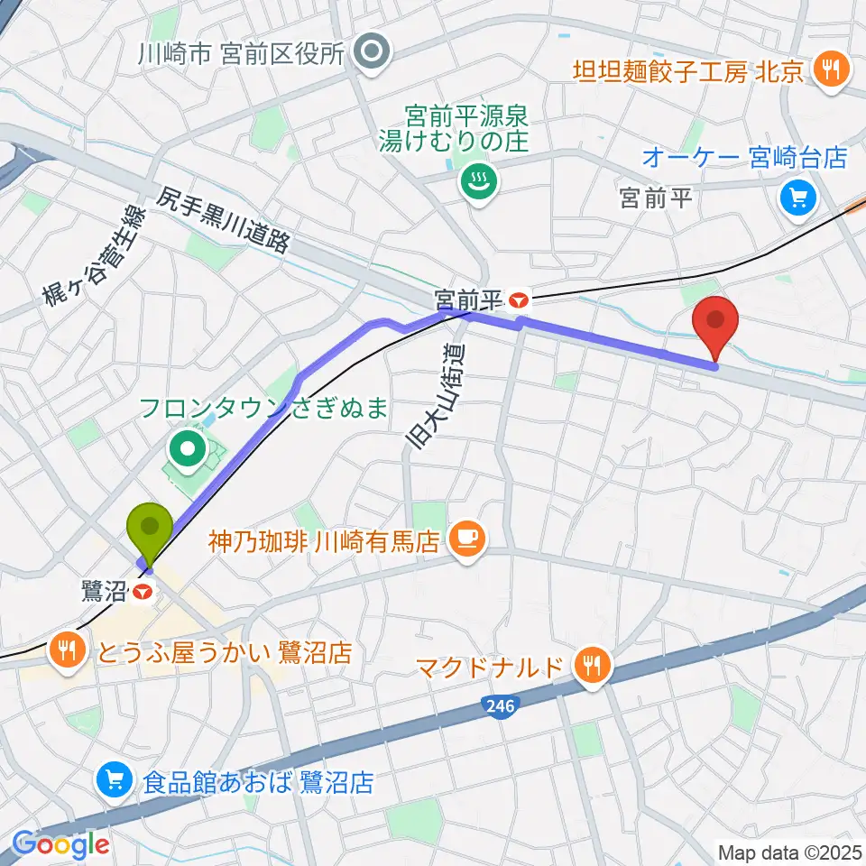 鷺沼駅からギターシェルターへのルートマップ地図