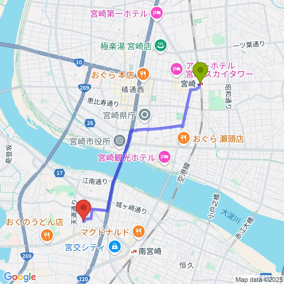 宮崎駅からピアノ音色工房へのルートマップ地図