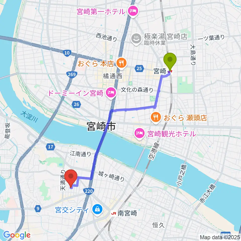 宮崎駅からピアノ音色工房へのルートマップ地図