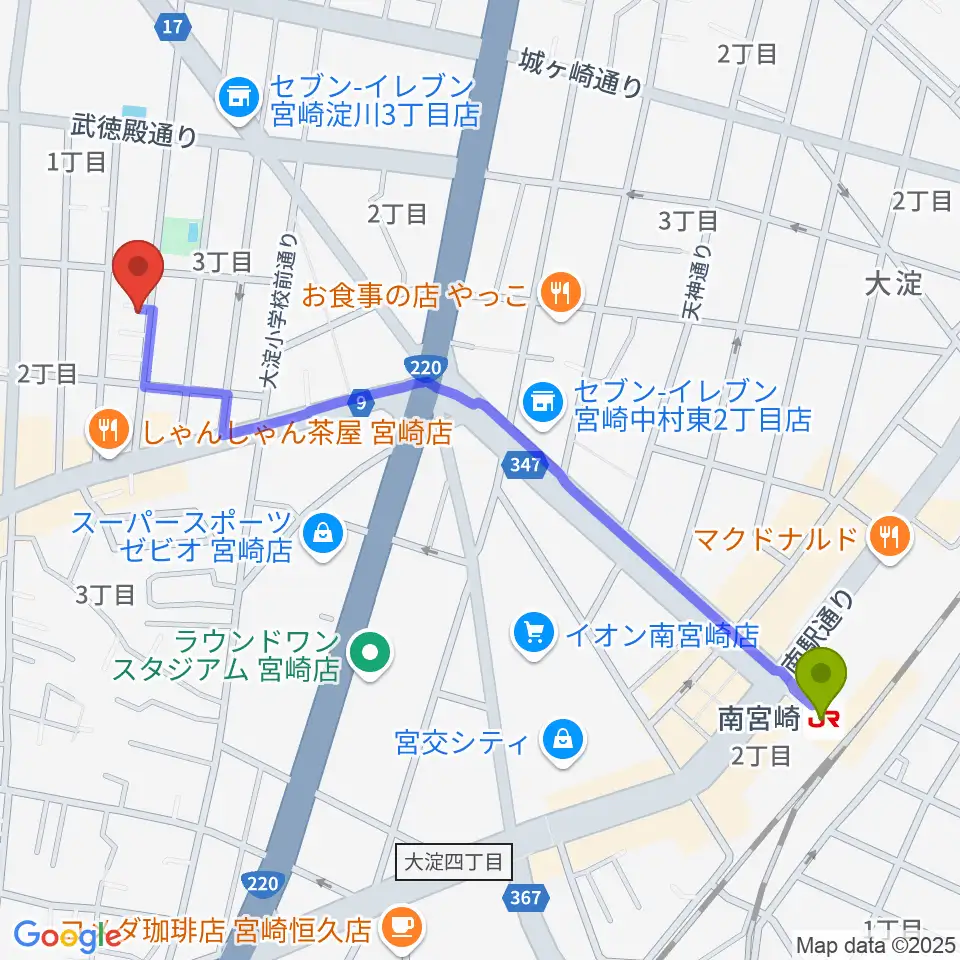 ピアノ音色工房の最寄駅南宮崎駅からの徒歩ルート（約13分）地図