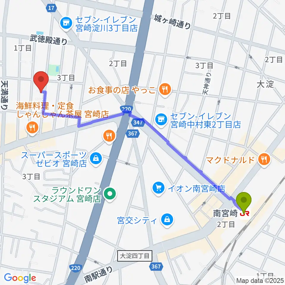 ピアノ音色工房の最寄駅南宮崎駅からの徒歩ルート（約13分）地図