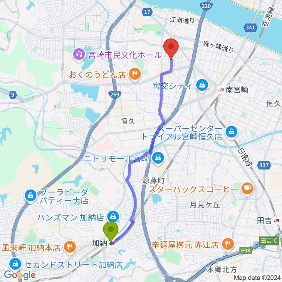 加納駅からピアノ音色工房へのルートマップ地図