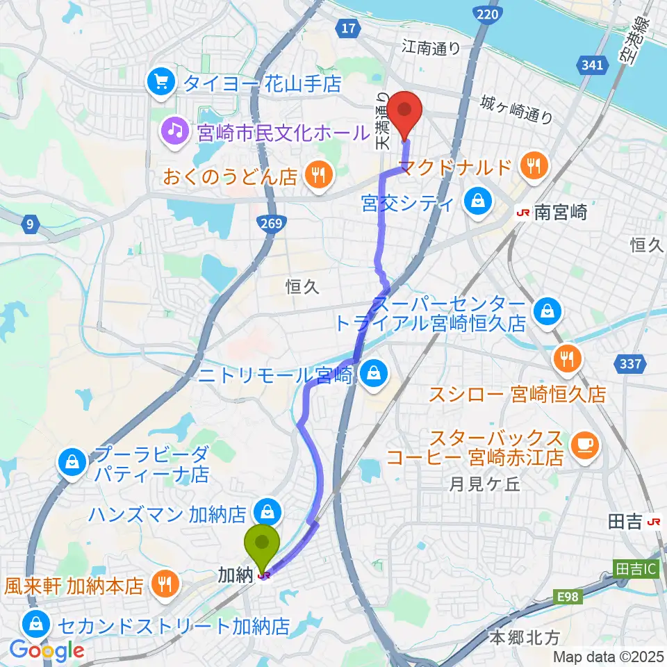 加納駅からピアノ音色工房へのルートマップ地図