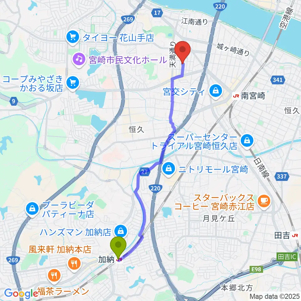 加納駅からピアノ音色工房へのルートマップ地図