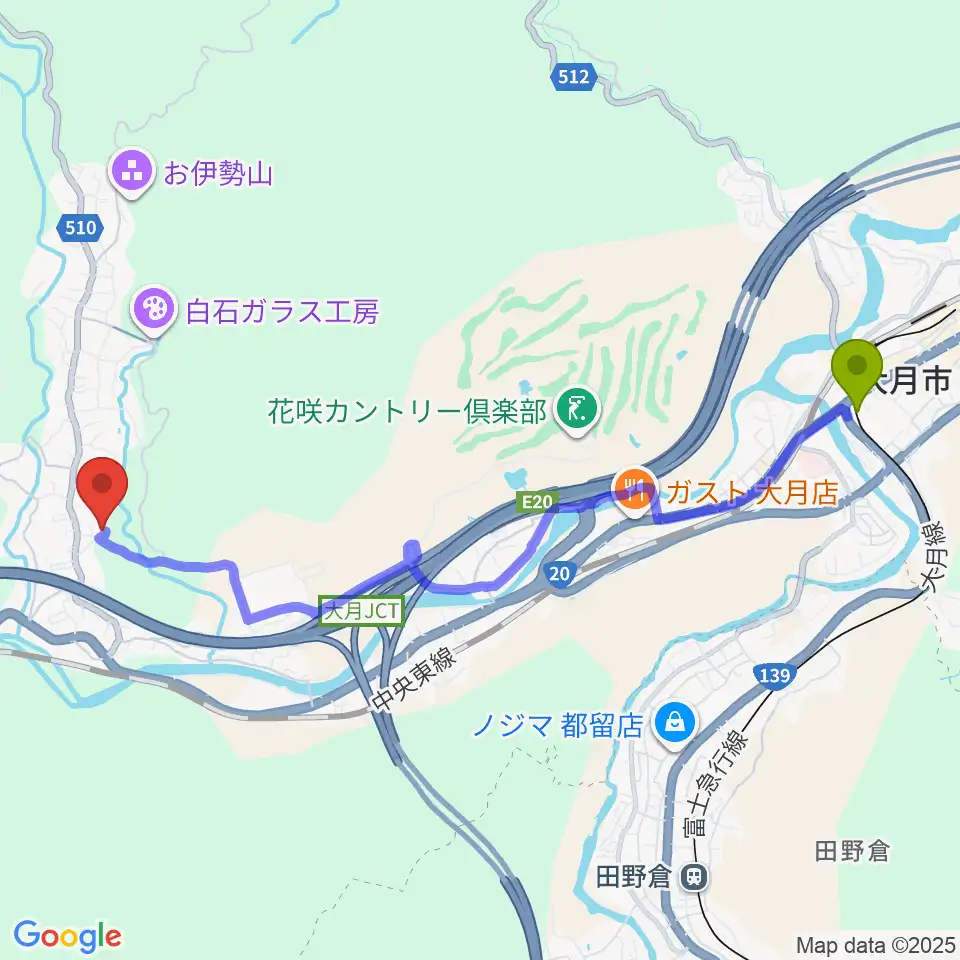 上大月駅からシミズピアノサービスへのルートマップ地図