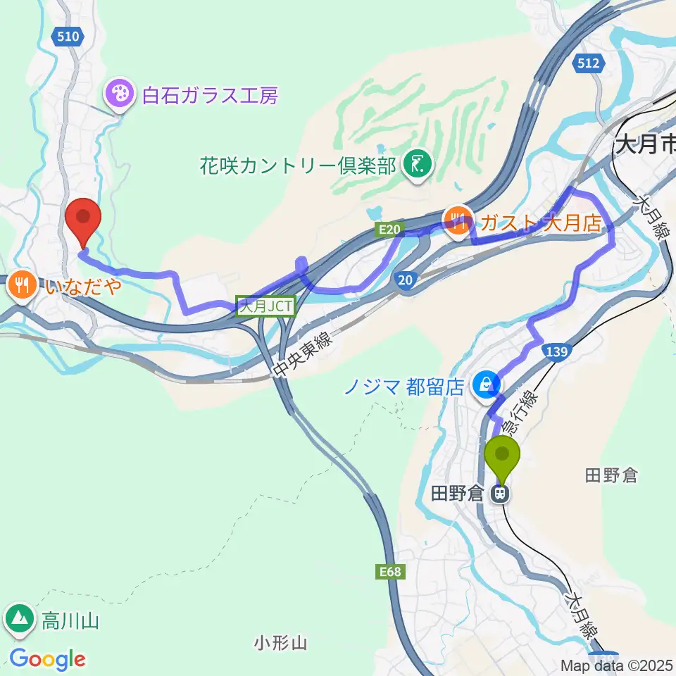 田野倉駅からシミズピアノサービスへのルートマップ地図